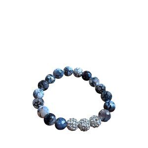 Blue Black White Agate Beaded Stretch Bracelet Rhinestone Accent Beads 6 inches
